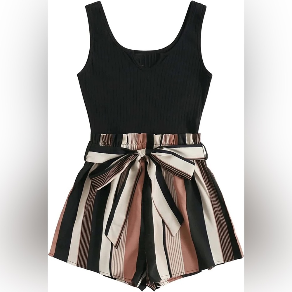 SOLY HUX Striped Belted Tank Romper